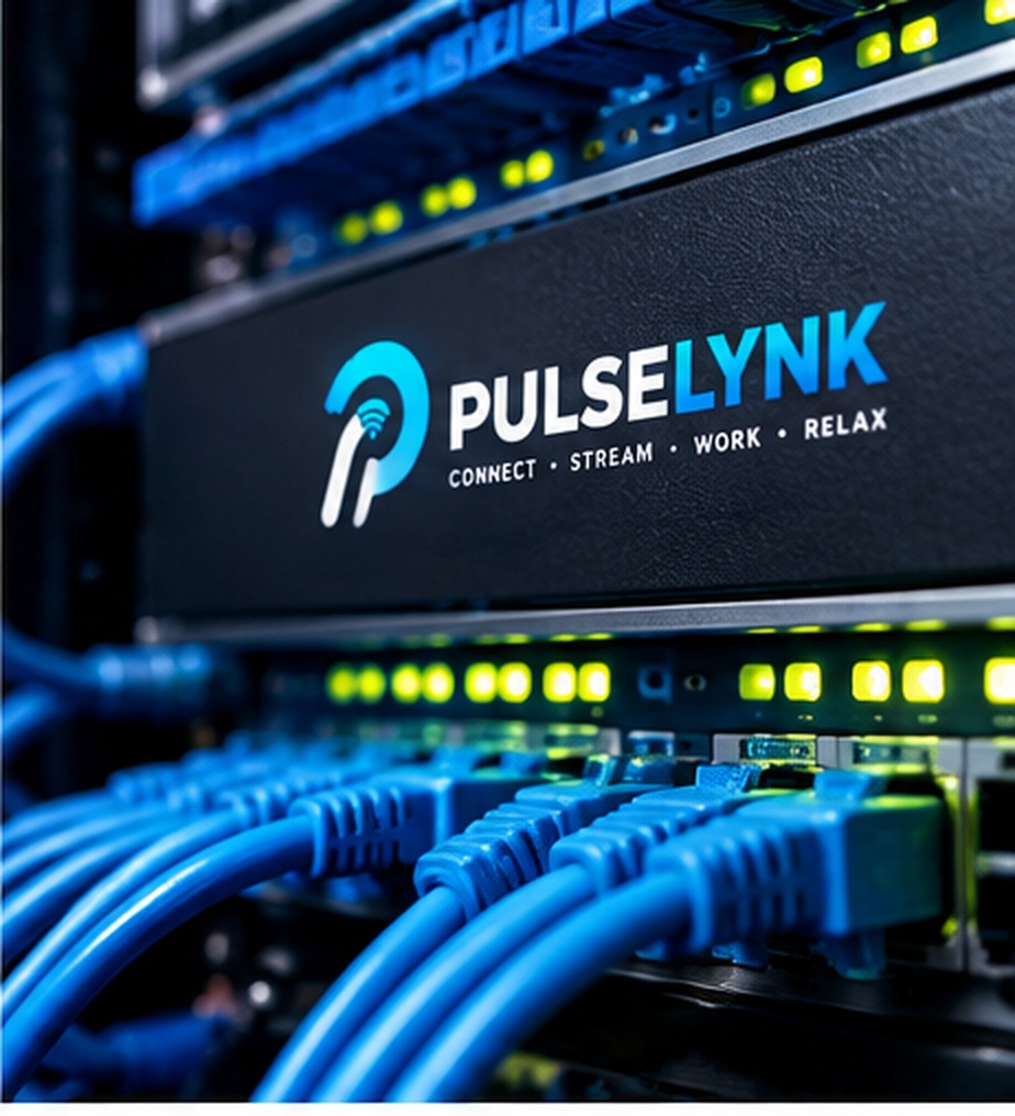 PulseLynk enterprise server rack with illuminated blue ethernet patch cables