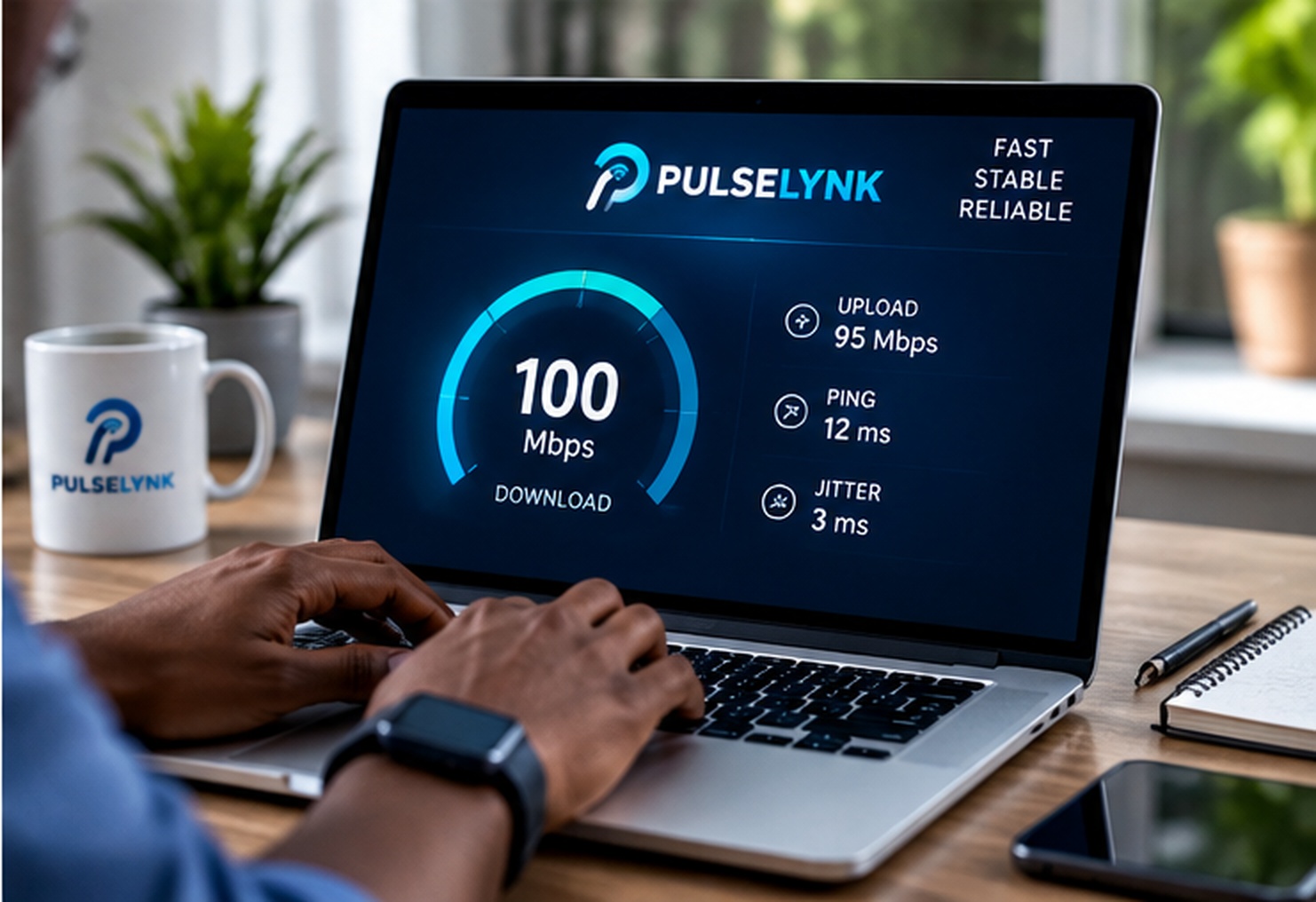 PulseLynk live speed test showing 100 Mbps download, 95 Mbps upload, 12 ms ping