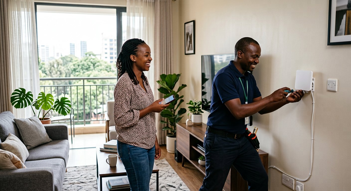 A PulseLynk technician installing a WiFi router in a Nairobi apartment